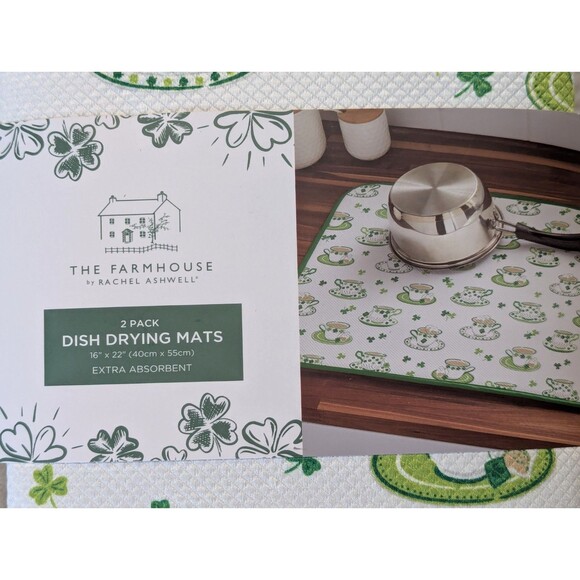 St Patrick's Day Dish Drying Mats Teacups Lucky Green Clover 2-Pc Holiday Gift - Picture 4 of 4